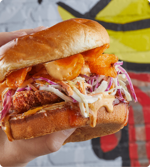 Chicken Guy! signature dishes Korean BBQ Chicken Sandwich
Bourbn Brown Sugar BBQ
Buffalo Mac 'n' Cheese Sandwich